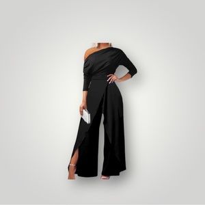 Midnight Hour One-Shoulder Ruched Split Hem Wide-Leg Jumpsuit